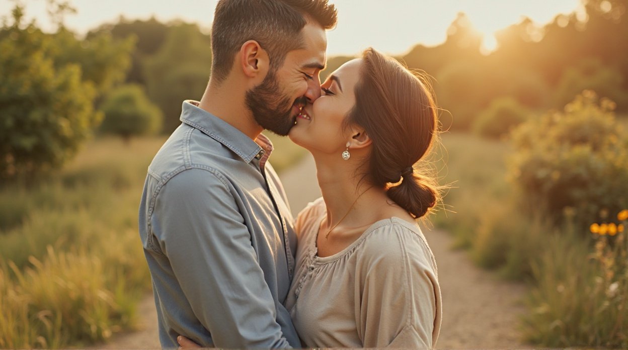 Couple heureux s'embrassant doucement, illustration des techniques de baiser